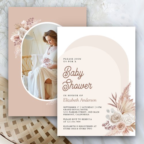 Neutral Beige Floral Pampas Photo Baby Shower Invitation