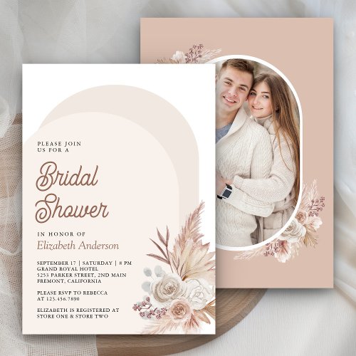 Neutral Beige Floral Pampas Photo Bridal Shower Invitation