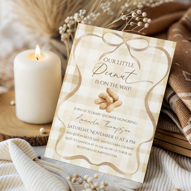 Neutral Beige Gingham Little Peanut Baby Shower Invitation (Creator Uploaded)