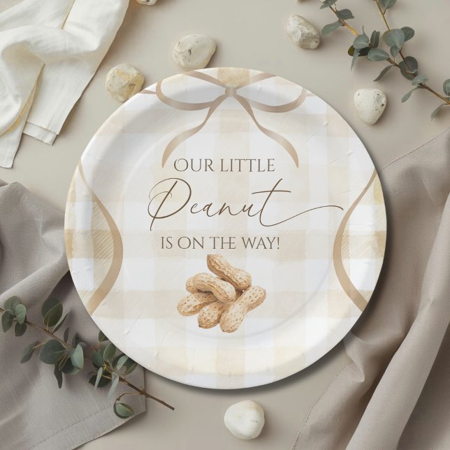 Neutral Beige Gingham Peanut Baby Shower Decor Paper Plates (Creator Uploaded)