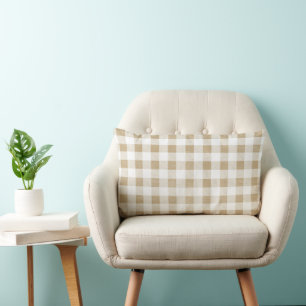 Neutral Beige Gingham Plaid Lumbar Pillow