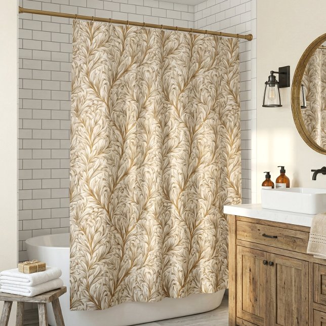 Neutral Beige Gold Botanical Leaf William Morris Shower Curtain (Creator Uploaded)