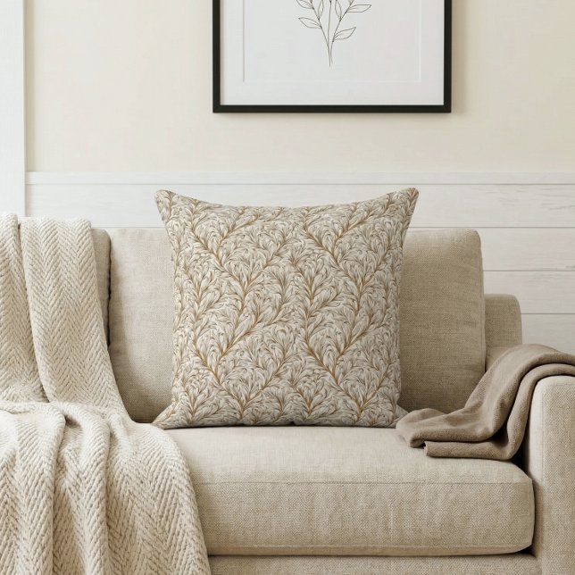 Neutral Beige Gold Botanical Leaf William Morris Throw Pillow (Creator Uploaded)