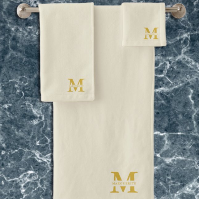 Neutral Beige Gold Monogram Bath Towel Set (Creator Uploaded)