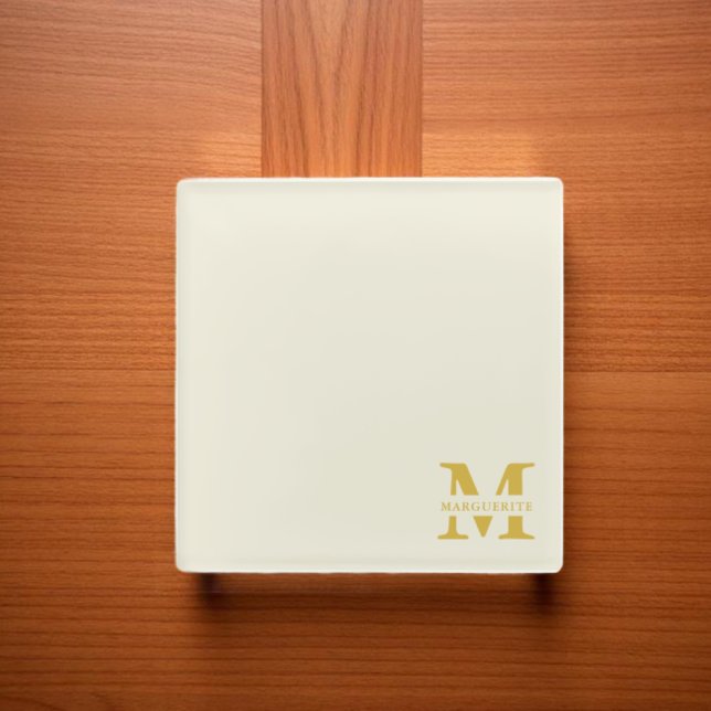 Neutral Beige Gold Monogram Glass Coaster (Creator Uploaded)