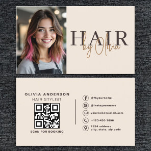 Neutral Beige Hair Stylist Photo QR Code  Business Card
