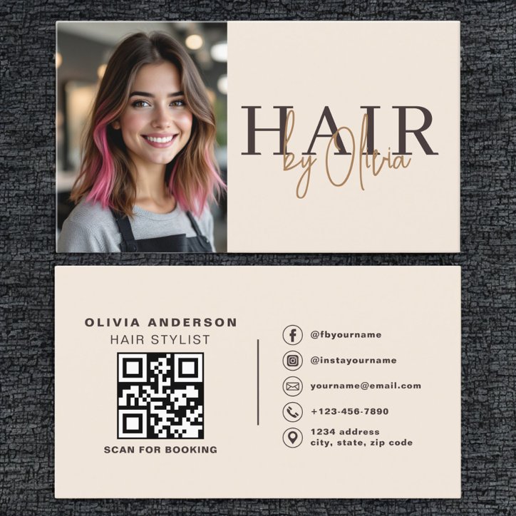 Neutral Beige Hair Stylist Photo QR Code Business Card