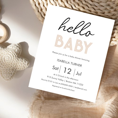 Neutral Beige Hello Baby  Baby Shower Invitation