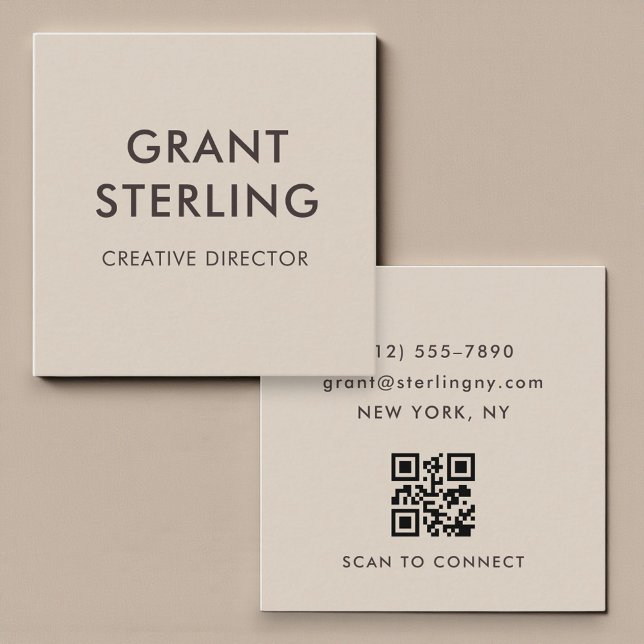 Neutral Beige Minimal Typography QR Code Square Business Card (Creator Uploaded)