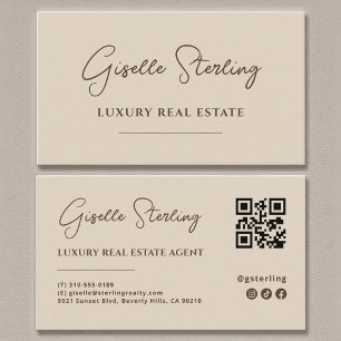 Neutral Beige Minimalist Script QR Code Business Card
