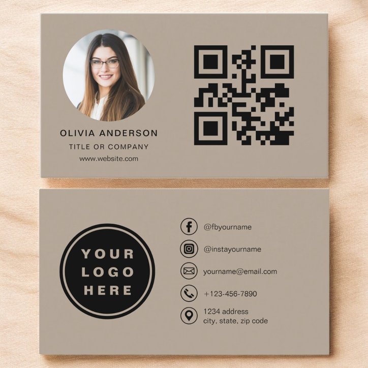 Neutral Beige Modern Minimalist Photo With QR Code Business Card