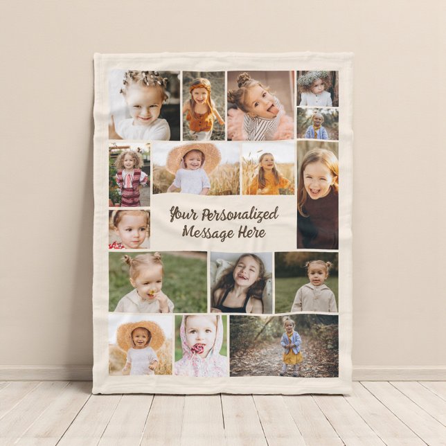 Neutral Beige Modern Personalized 16 Photo Collage Fleece Blanket (Creator Uploaded)