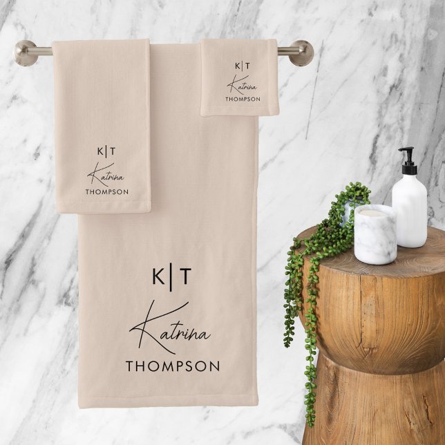 Neutral Beige Modern Signature Script Monogram Bath Towel Set (Creator Uploaded)