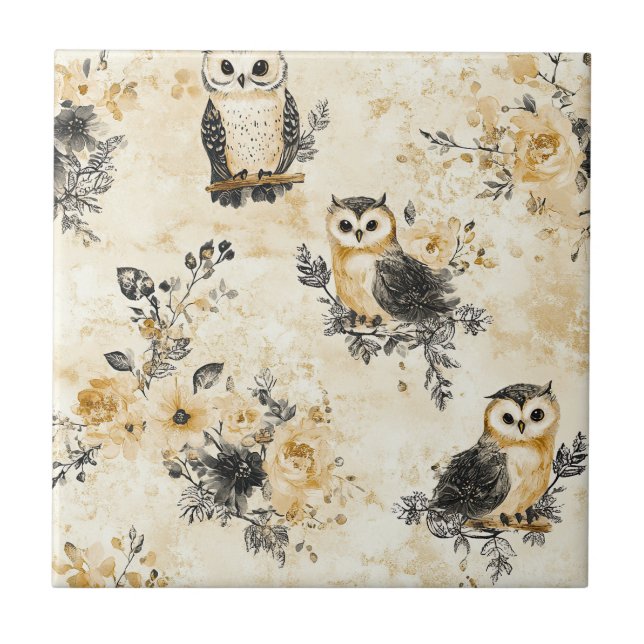 Neutral Beige Owl Floral Botanical Pattern Ceramic Tile (Front)