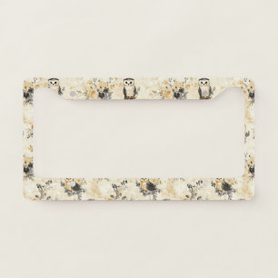 Neutral Beige Owl Floral Botanical Pattern License Plate Frame