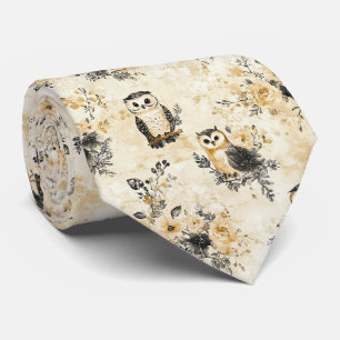Neutral Beige Owl Floral Botanical Pattern Neck Tie