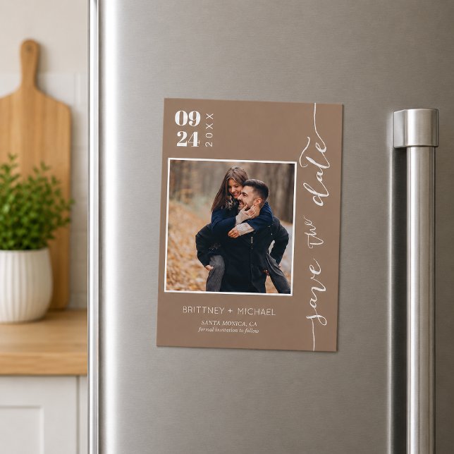 Neutral Beige Photo Save the Date (Chic neutral beige photo save the date featuring elegant handwritten script magnet)