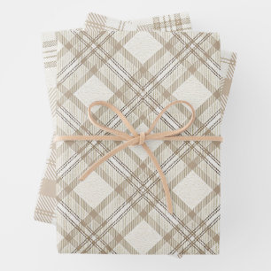 Neutral Beige Plaid Christmas Wrapping Paper Sheets