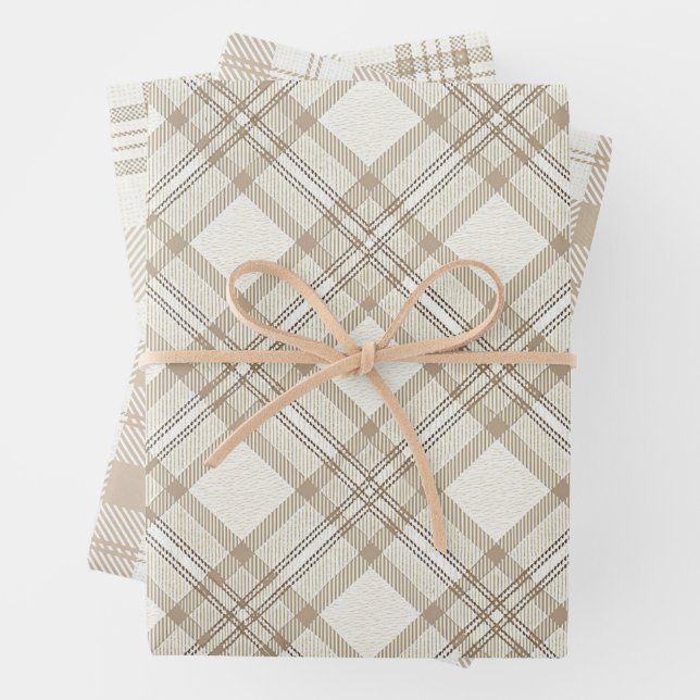 Neutral Beige Plaid Christmas Wrapping Paper Sheets (In situ)