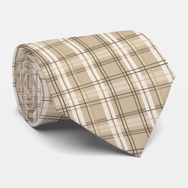Neutral Beige Plaid Tartan  Neck Tie (Rolled)