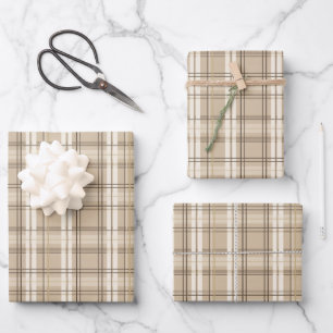 Neutral Beige Plaid Tartan Wrapping Paper Sheets