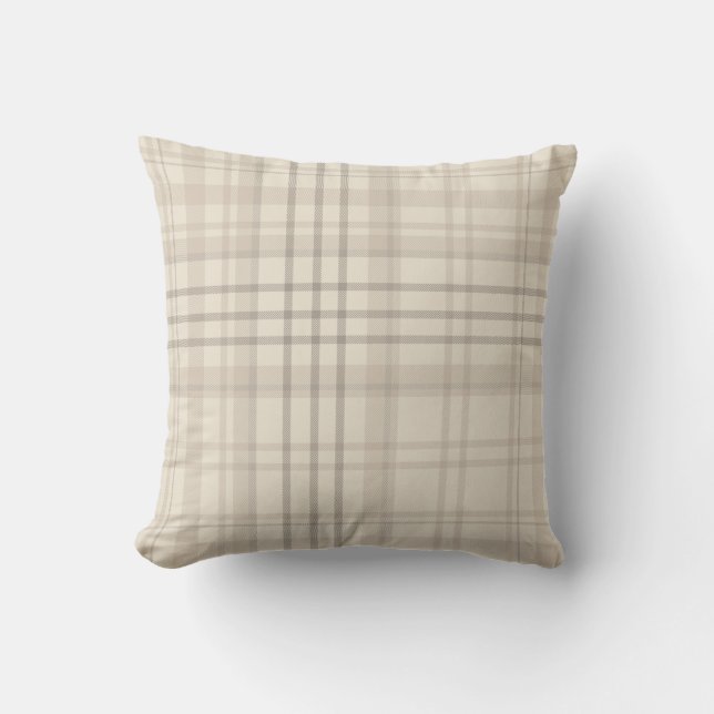 Neutral Beige Plaid Throw Pillow (Front)