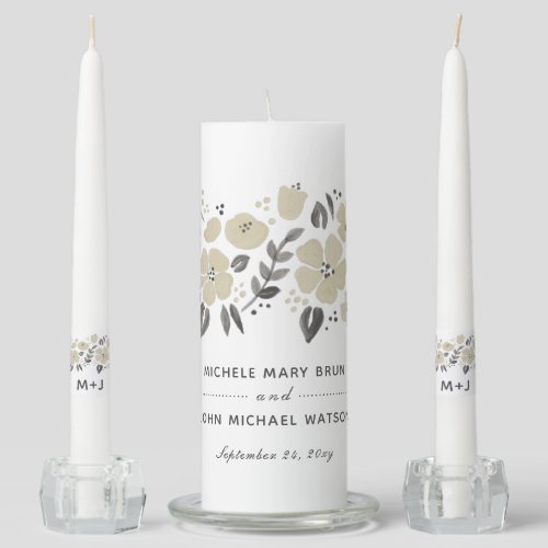 Neutral Beige Pretty Floral Modern Folk Wedding Unity Candle Set