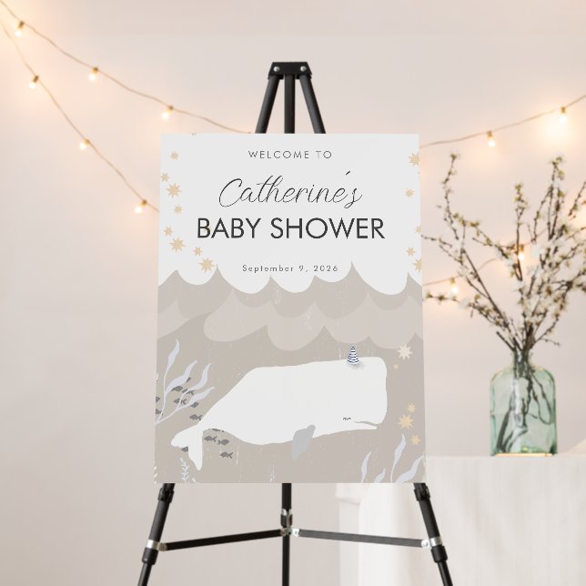 Neutral Beige Pretty White Whale Baby Shower Sign (In Situ (Stand))