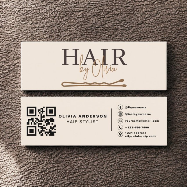 Neutral Beige QR Code Hair Stylist Modern Mini Business Card (Creator Uploaded)