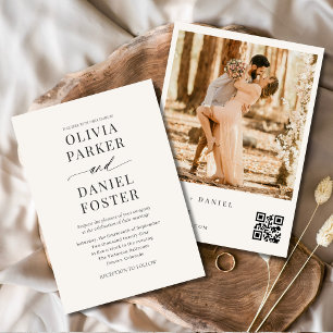 Neutral Beige QR Code Photo Elegant Modern Wedding Invitation
