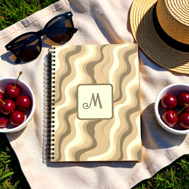 Neutral Beige Retro Waves Personalized Monogram Notebook (Neutral Beige Retro Waves Personalized Monogram Notebook)