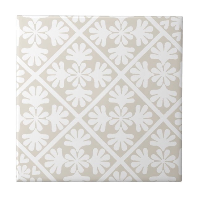 Neutral Beige Scandinavian Oak Leaf Floral Diamond Ceramic Tile (Front)