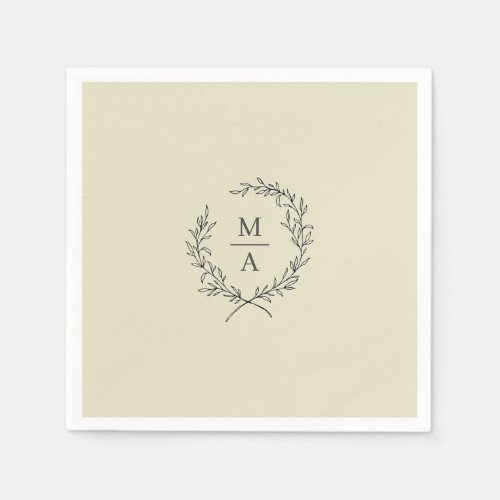 Neutral Beige Simple Laurel Wreath Monogram Napkins