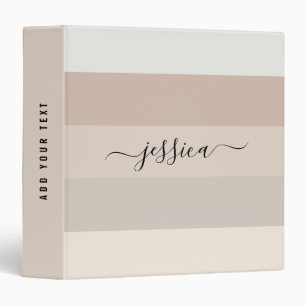 Neutral beige stripes script name 3 ring binder
