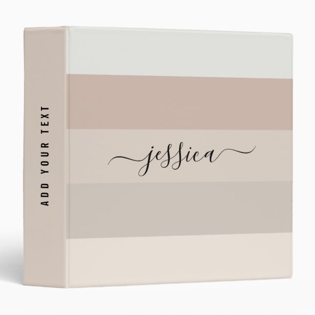 Neutral beige stripes script name   3 ring binder (Front/Spine)