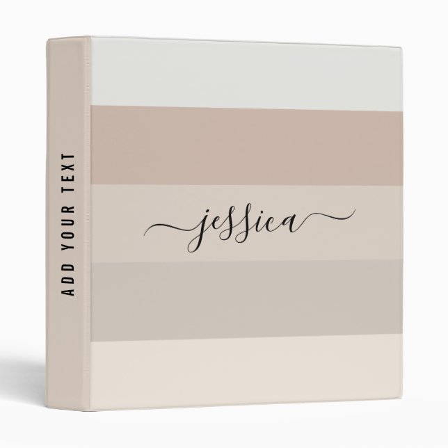 Neutral beige stripes script name   3 ring binder (Front/Spine)