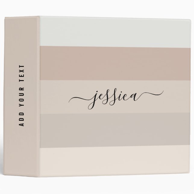 Neutral beige stripes script name   3 ring binder (Front/Spine)