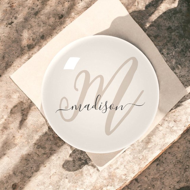 Neutral Beige Stylish Name and Monogram Paperweight (Personalize with any name and monogram for a unique gift idea!)