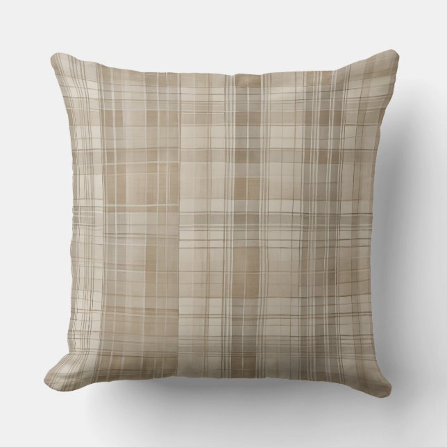 Neutral Beige Tan Farmhouse Plaid Throw Pillow (Front)