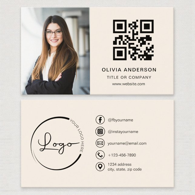 Neutral Beige Taupe Photo QR Code Social Media Business Card (Creator Uploaded)
