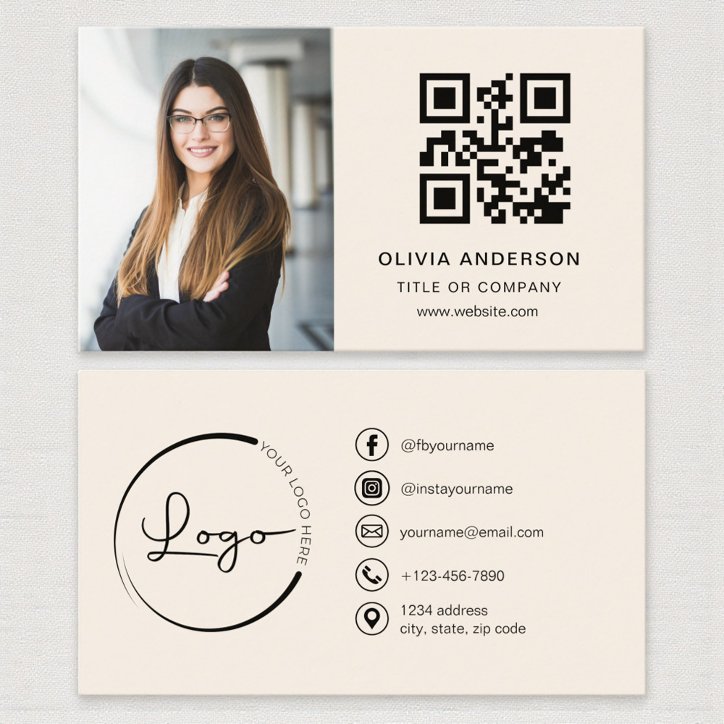 Neutral Beige Taupe Photo QR Code Social Media Business Card