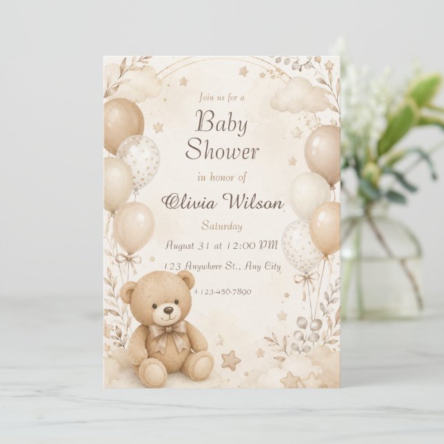 Neutral Beige Teddy Bear Baby Shower Invitation  (Standing Front)