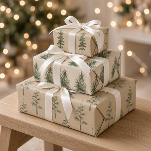 Neutral Beige Watercolor Christmas Pine Trees Wrapping Paper Sheets