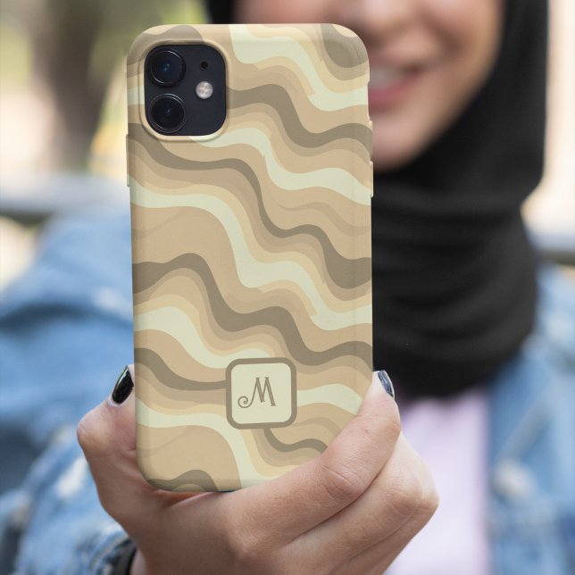 Neutral Beige Wavy Retro Pattern with Monogram Case-Mate iPhone Case (Beige Groovy retro aesthetic - Monogrammed Case-Mate iPhone Case)