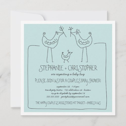 Neutral Birds Modern Family Couple Boy Baby Shower Invitation