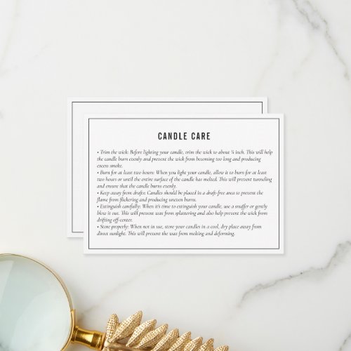 Neutral Black White Candle Care Instruction Card