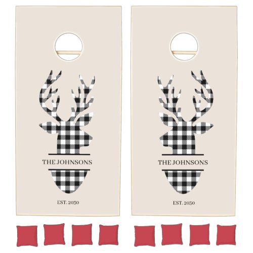 Neutral Black  White Plaid Deer Family Name Cornhole Set