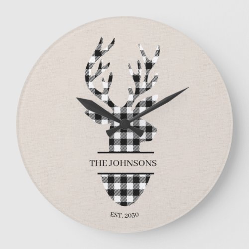 Neutral Black  White Plaid Deer Family Name Large Clock