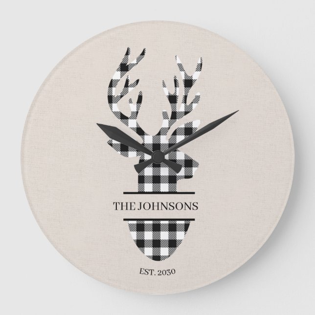 Neutral Black & White Plaid Deer Family Name Large Clock (Front)