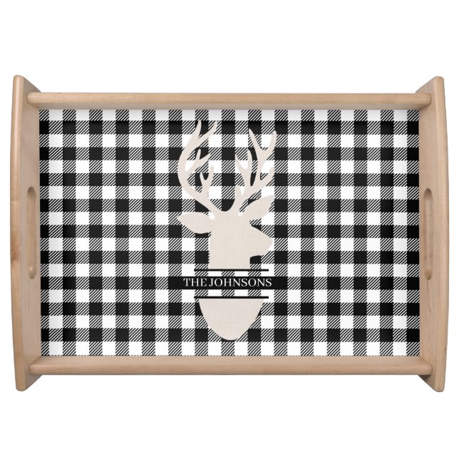 Neutral Black & White Plaid Family Deer Serving Tray (Front)
